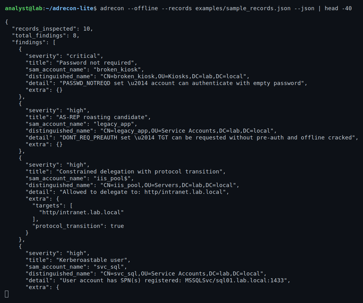 The same audit emitted as structured JSON — records_inspected, total_findings, and per-finding severity/title/detail — ready for SOAR or pipeline ingestion.