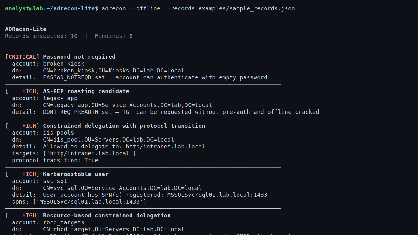 AD Recon Lite — Lightweight Active Directory enumeration and dangerous-config detector