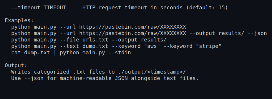 The CLI surface — text/stdin/URL inputs, keyword tagging, and JSON output for piping into a threat-intel pipeline.