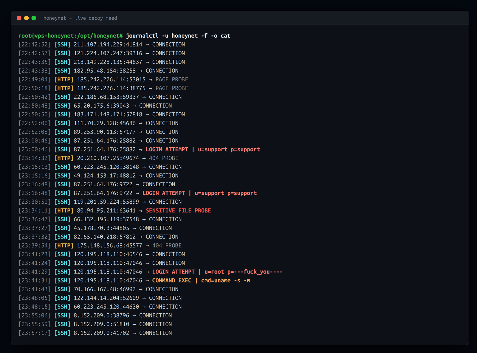 The real-time decoy feed — connections, login attempts, and command executions landing around the clock