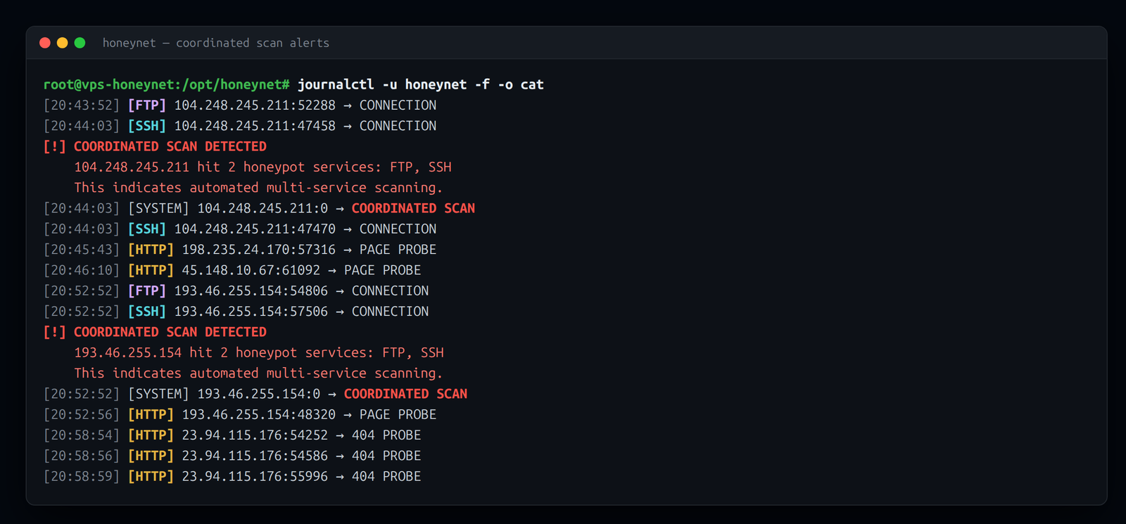Real coordinated scans caught in production — one source touching FTP and SSH inside the 60-second window raises the alert and writes a coordinated_scan event