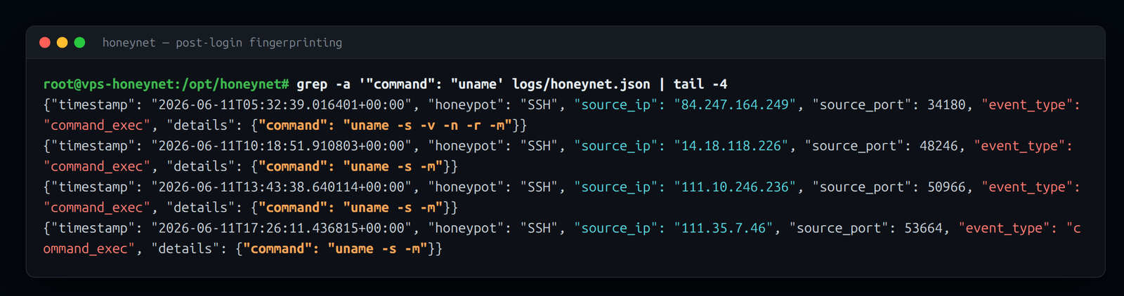 Post-login fingerprinting in the raw log — every bot's first move is some variant of uname