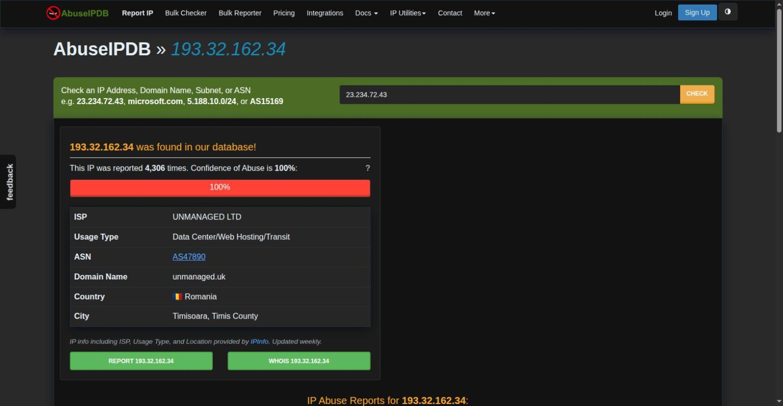 AbuseIPDB's view of the top attacker — 4,306 reports, 100% abuse confidence