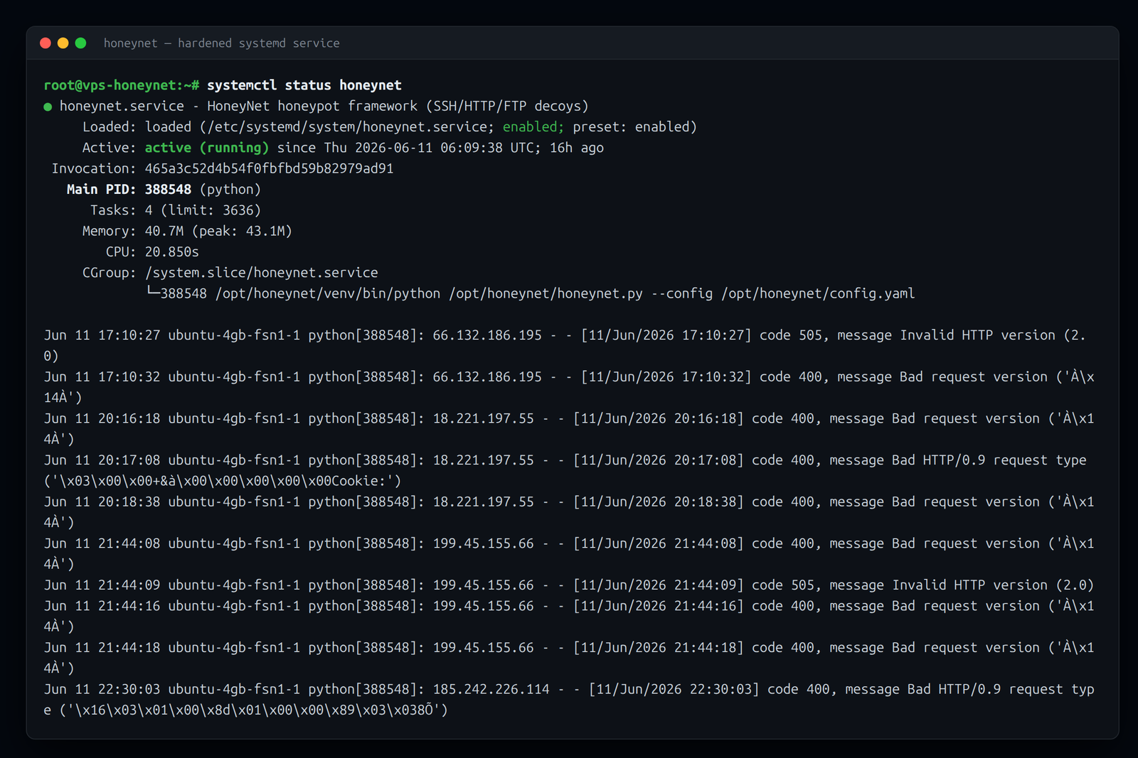 The service in production — enabled, auto-restarting, unprivileged, and sitting at ~40 MB of memory while it absorbs the internet's background radiation
