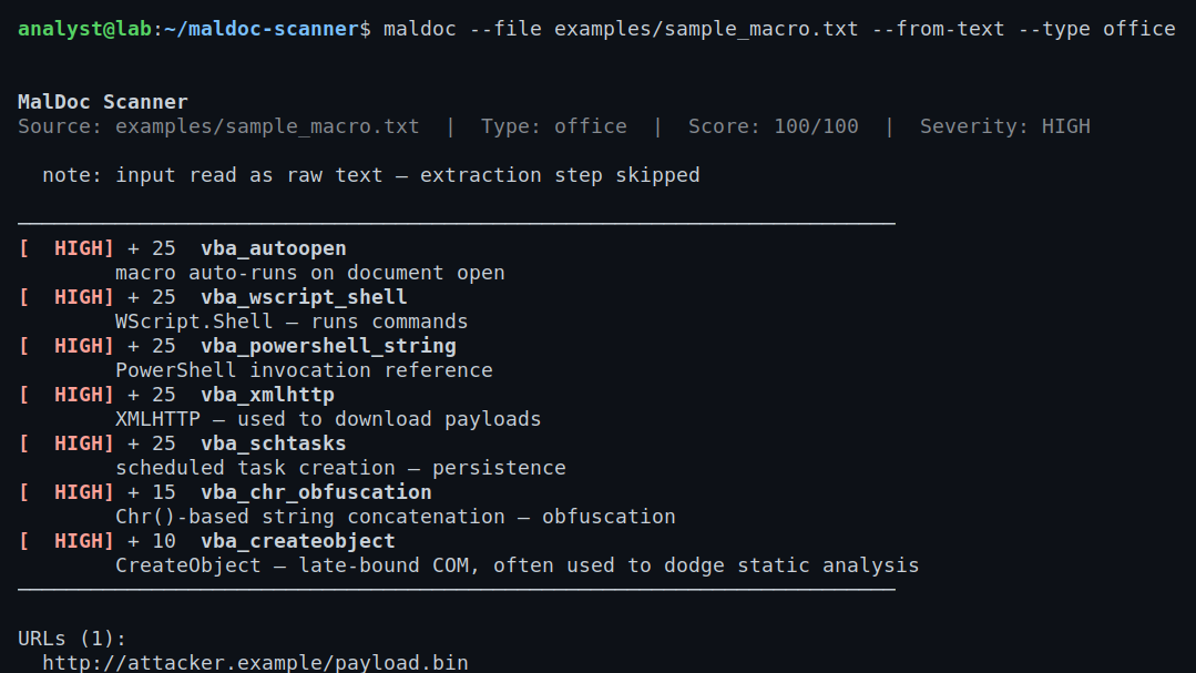 MalDoc Scanner — Static analyzer for malicious Office docs and PDFs