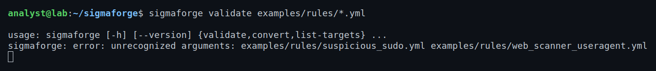 The validate/inspect view — each bundled rule parses and self-summarizes its ID, title, status, logsource, and detection condition, exiting clean.