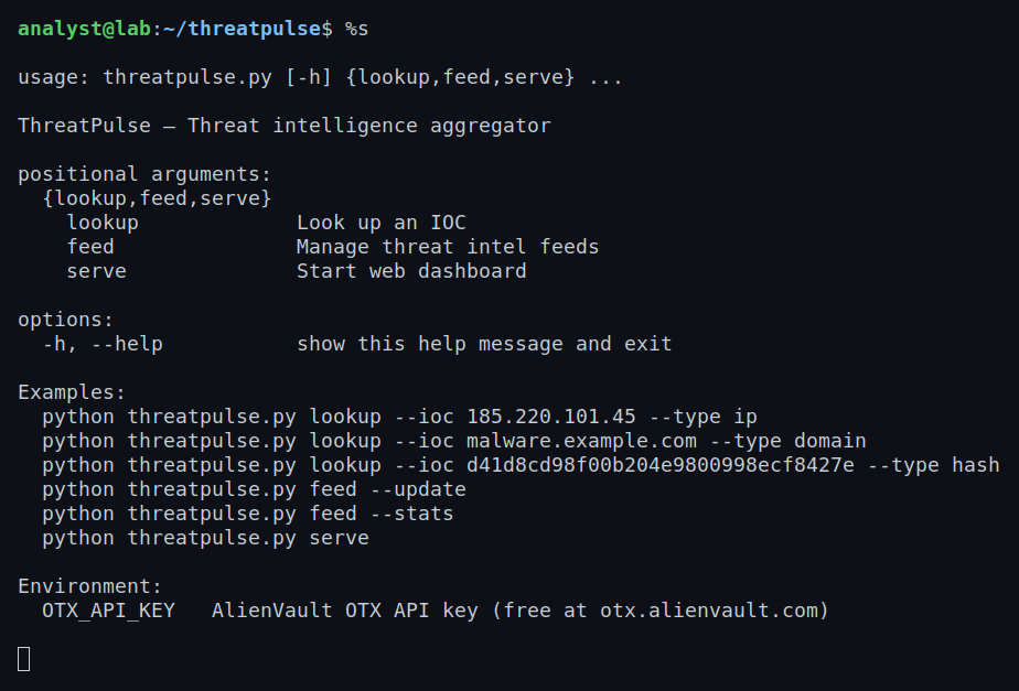 The same engine from the command line — three verbs (lookup, feed, serve), typed IOC inputs, and worked examples for IPs, domains, URLs, and hashes.