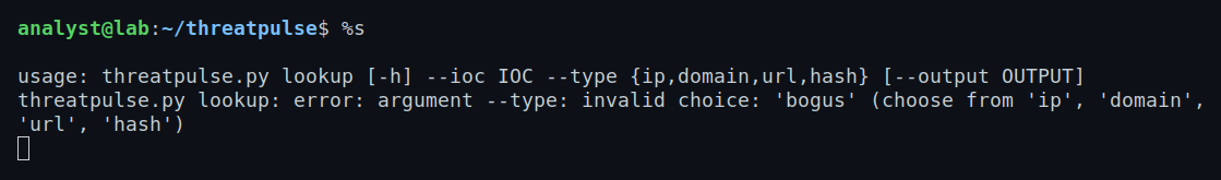 The typed-IOC interface is enforced, not advisory — an invalid --type is rejected at the argument layer with the valid choices listed.