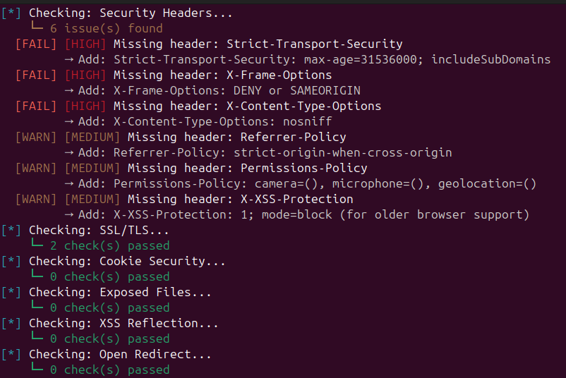 The same scan from the CLI — every check run as a tree, FAIL/WARN/PASS severity-tagged, with the exact header to add for each finding.